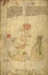 Harley 318, f.8v Enrique VI, rey de Inglaterra, y su esposa, Margarita de Anjou, ilustración de "Historia y genealogía de los reyes... de Inglaterra" (vitela)