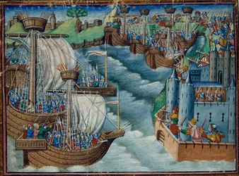 Harley 326, f.29v La flota cristiana ataca el puerto de Gaeta en Italia, en poder de los turcos, de Los hijos de los Tres Reyes, c.1500 (vitela)