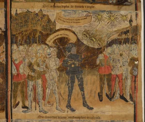 Harley 7353 Batalla de la Cruz de Mortimer, Eduardo de York, animado por una visión de tres soles que se unen para formar uno, derrota a los lancaster en la Batalla de la Cruz de Mortimer en 1461, ilustración de la "Vida de Eduardo IV".