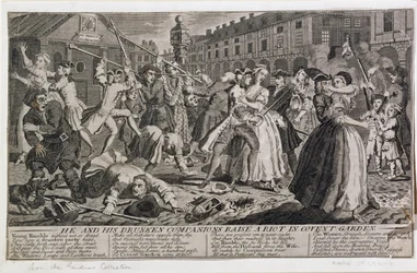 Él y sus compañeros borrachos provocan un disturbio en Covent Garden, 1735