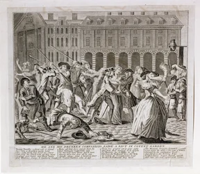Él y sus compañeros borrachos provocan un disturbio en Covent Garden, 1735