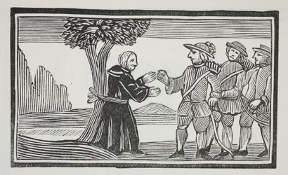 Ató al abad a un árbol, ilustración de Chap-books del siglo XVIII de John Ashton, pub. 1882
