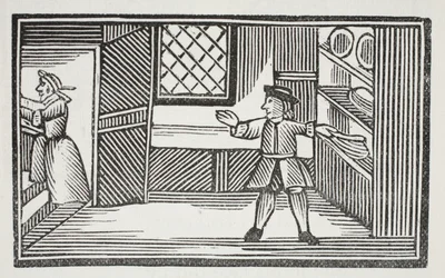 Fue a la despensa y se sirvió pan y mantequilla, ilustración de Chap-books del siglo XVIII de John Ashton, pub. 1882
