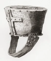 Casco del castillo de Pomeroy, Inglaterra, datado hacia el siglo XII, extraído de The British Army: Its Origins, Progress and Equipment, publicado en 1868.