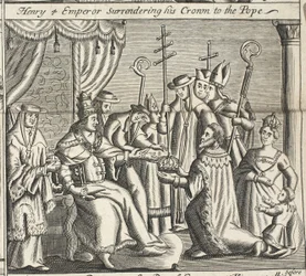 Enrique IV emperador entregando su corona al Papa, ilustración de Hechos y Monumentos de John Foxe, novena edición, pub. 1684
