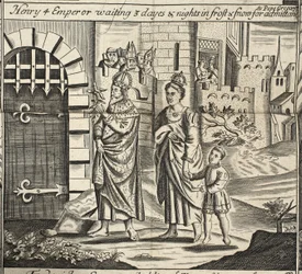 Enrique IV emperador esperando 3 días y noches en la escarcha y la nieve para ser admitido ante el Papa Gregorio, ilustración de Hechos y Monumentos de John Foxe, novena edición, pub. 1684