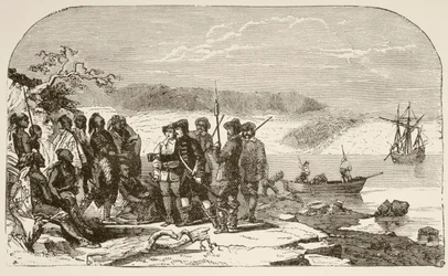 Henry Hudson ofrece licor a los indios en 1609 (litografía)