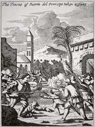 Henry Morgan captura y saquea la ciudad de Puerto de Príncipe, Cuba, en 1668, ilustración de 