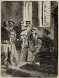Enrique VIII y su Consejo ordenando la traducción de la Biblia al inglés - 1538 - grabado de “Historia de Inglaterra” por Cassell Petter & Galpin