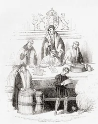 El juicio de Enrique VII sobre los pesos y medidas en el erario público en 1497, de Old England: A Pictorial Museum, pub. 1847