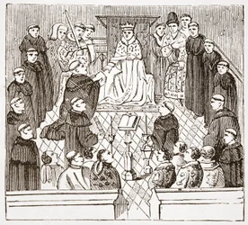 Enrique V y su parlamento (del Harleian MMS en el Museo Británico), ilustración de La Historia del Protestantismo de James Aitken Wylie, pub. 1878