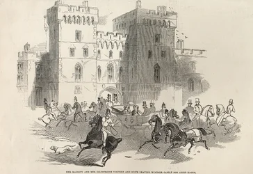Su Majestad y sus Ilustres Visitantes y Comitiva saliendo del Castillo de Windsor hacia las Carreras de Ascot, de 