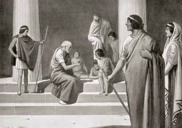 Heráclito jugando a los dados con unos muchachos para mostrar su desprecio por las ocupaciones habituales de los hombres, de la «Historia de las naciones» de Hutchinson, publicada en 1915