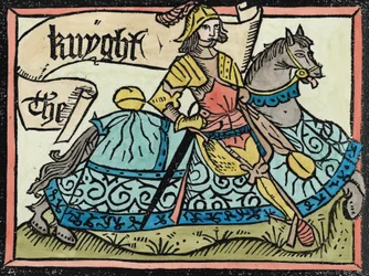 Aquí comienza el cuento del caballero, ilustración de Los cuentos de Canterbury por Geoffrey Chaucer (c.1345-1400) impreso por William Caxton (c.1422-91) 1434