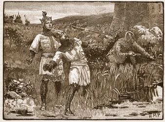 Heroísmo de St. Clair en el asedio del castillo de Bridgnorth, ilustración de Cassells Illustrated History of England