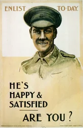 Él está Feliz y Satisfecho - ¿Y Tú?, cartel de reclutamiento británico de la Primera Guerra Mundial, 1914-18