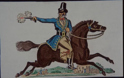 Figura de bandido para teatro de juguetes victorianos para niños (grabado coloreado a mano)