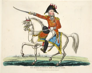 Su Alteza Real, el Duque de York, publicado por Richard Evans, grabado por Romney, ilustración de Un relato histórico de la batalla de Waterloo por William Mudford, 1816