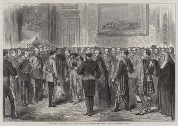 Su Alteza Real el Príncipe de Gales celebrando su primer levee (grabado)