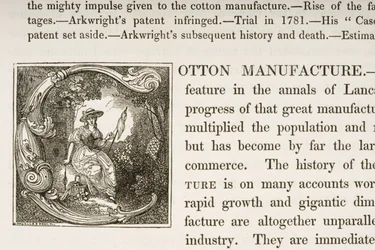 Inicial Historiada C, de un libro sobre la Manufactura de Algodón Británica