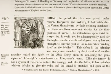 Inicial historiada D, de un libro sobre la manufactura de algodón británica