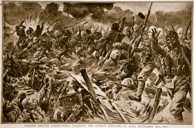 Territoriales británicos encapuchados cargando contra las trincheras alemanas en Loos, 25 de septiembre de 1915, 1914-19