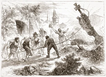 Hottinger destruyendo la imagen, ilustración de La Historia del Protestantismo de James Aitken Wylie, pub. 1878
