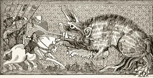 Cómo Alejandro luchó contra la bestia, después de una miniatura en un manuscrito del siglo XIII, de 