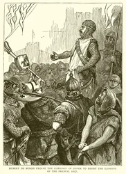 Hubert de Burgh instando a la guarnición de Dover a resistir el desembarco de los franceses, 1217