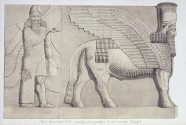 Toro con cabeza humana y figura alada de una puerta en la muralla que rodea Koujunjik, lámina 3 de Nínive y sus Restos de Austen Henry Layard, publicado en 1849