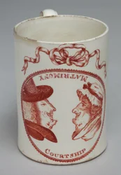 Taza humorística decorada con cabezas invertibles de un hombre y una mujer, c.1780