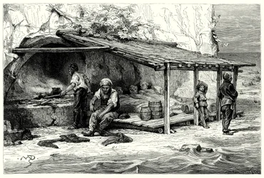 Cabañas de pescadores de Tunny: Bahía de Praelucca (grabado)