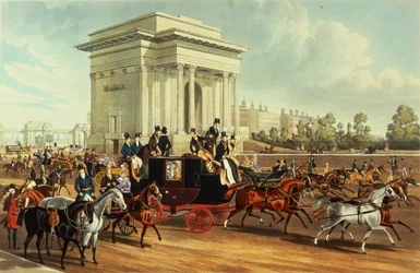 Hyde Park Corner, después de James Pollard, publicado por Ackermann, 1836