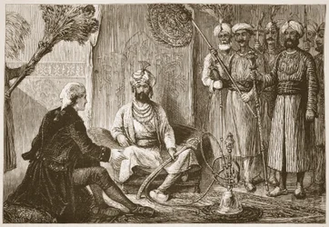 Hyder Ali y el misionero, ilustración de Cassells Illustrated History of India de James Grant, pub. 1879