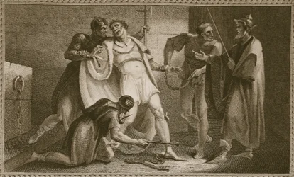 Encarcelamiento de Esteban, ilustración de La Historia de Inglaterra de David Hume, pub. por R. Bowyer, Londres, 1812
