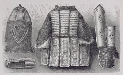 Panoplia india que consiste en casco, túnica, guanteletes y zapatos de Bhuj, de La Historia de la Humanidad, Vol.III, por Prof. Friedrich Ratzel