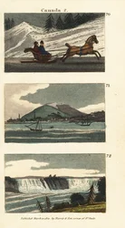 Habitantes de Quebec montando un carruaje tirado por caballos o trineo sobre hielo, vista de Montreal, y vista de las Cataratas del Niágara