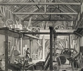 Vista interior de la Casa de Reuniones de John Bunyan en Zoar Street, Gravel Lane, Southwark, utilizada como taller y aserradero, c.1822