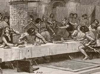 Interrumpiendo la Cena de Navidad de Balliol, ilustración de Cassells Illustrated History of England