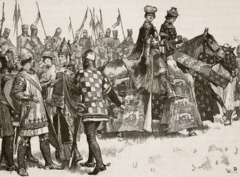 Entrevista entre Becket y el Rey Enrique, ilustración de Cassells Illustrated History of England