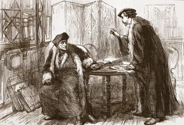 Entrevista entre Erasmo y Calvino, ilustración de La Historia del Protestantismo de James Aitken Wylie, pub. 1878