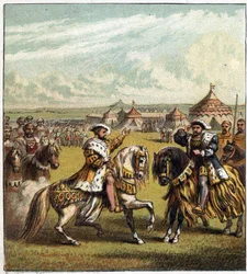 Entrevista con los reyes de Francia e Inglaterra, Francisco I (1494-1547) y Enrique VIII (1491-1547), en el campamento del paño dorado el 7 de junio