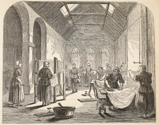 Sala de planchado en la prisión de Brixton, ilustración de Las prisiones criminales de Londres y escenas de la vida en prisión de Henry Mayhew y John Binny, pub. 1862