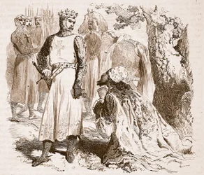 Isaac de Chipre suplicando por la liberación de su hija, ilustración de Cassells Illustrated History of England