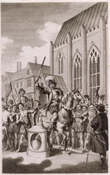 La rebelión de Jack Cade en 1450: Cade se declara Señor de la Ciudad de Londres en London Stone, Cannon Street, c.1770