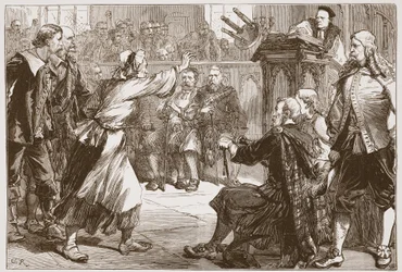 Janet Geddes lanzando su taburete al Decano de Edimburgo, ilustración de La Historia del Protestantismo de James Aitken Wylie, pub. 1878