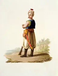 Janissary, de Costumes of the Various Nations, Volume VII, The Military Costume of Turkey, por Thomas MacLean, publicado c.1800-18