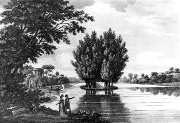 Tumba de Jean-Jacques Rousseau (1712-78) en Ermenonville, de Un Tour Deportivo por Francia en una Serie de Cartas al Conde de Darlington por el Coronel Thomas Thornton, publicado en 1806