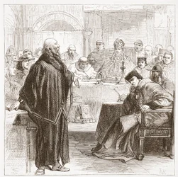 Jerónimo hablando en su juicio, ilustración de La Historia del Protestantismo por James Aitken Wylie (1808-1890), pub. 1878