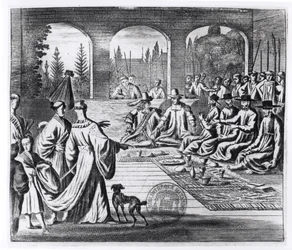 Jesuitas con comerciantes holandeses y portugueses en la corte del Emperador japonés, ilustración de Una Embajada Memorable al Emperador de Japón por Arnold Montanus, publicado en Londres en 1670